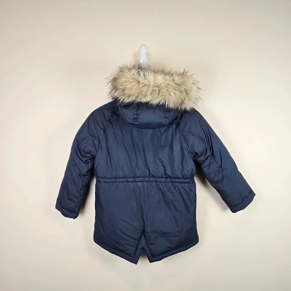 J.Crew Crewcuts Kids Fishtail Parka Size S/6 Navy Blue Faux Fur Winter Coat Hood